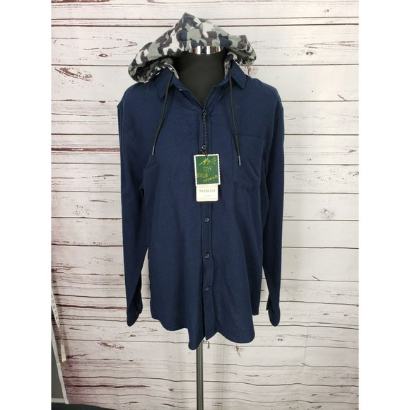Nomad Men’s Button Up Shirt Jacket Blue Hoodie With Camo Hood. Size Large NWTS - Picture 6 of 6